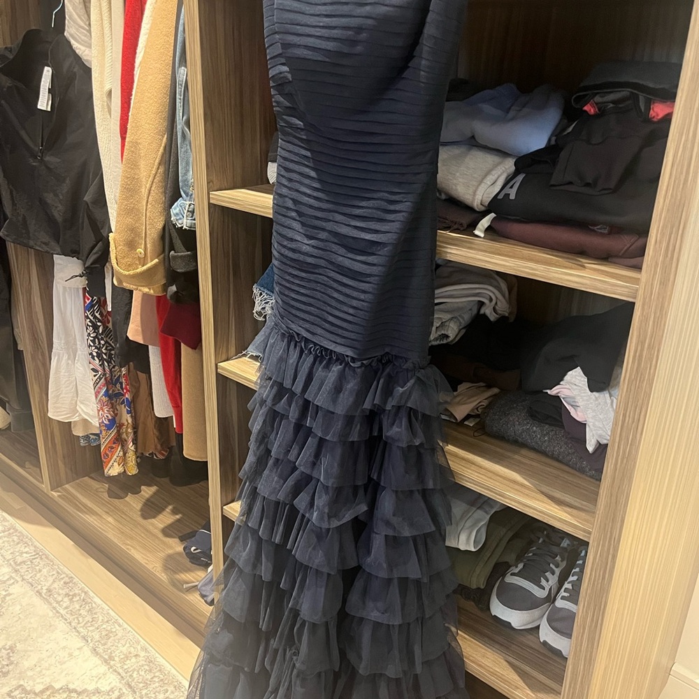 Tadashi Shoji Strapless Navy Ruffled Gown